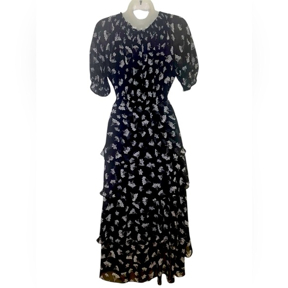 Maje Floral Off Shoulder Hi Low Black White Asymmetrical Midi Dress US M l FR 38 - Picture 10 of 14